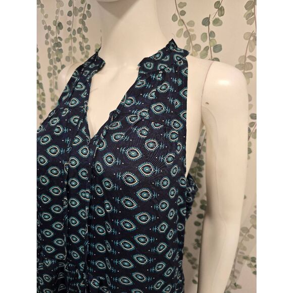 Emily Daniels Sleeveless Boho Maxi Dress Navy Teal Print Size L NWT Tiered Tasse - Picture 6 of 12